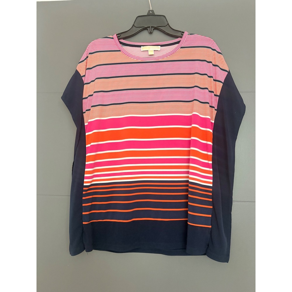 Michael Michael Kors‎ Womens Pink Orange Navy Blue Striped Crew Neck Top Medium